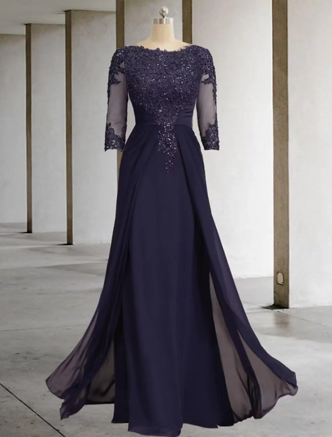 Chiffon Mother of The Bride Dresses for Wedding 3/4 Sleeve Lace Applique Formal Evening Dress