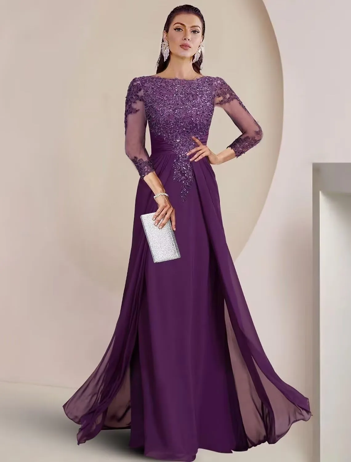 Chiffon Mother of The Bride Dresses for Wedding 3/4 Sleeve Lace Applique Formal Evening Dress