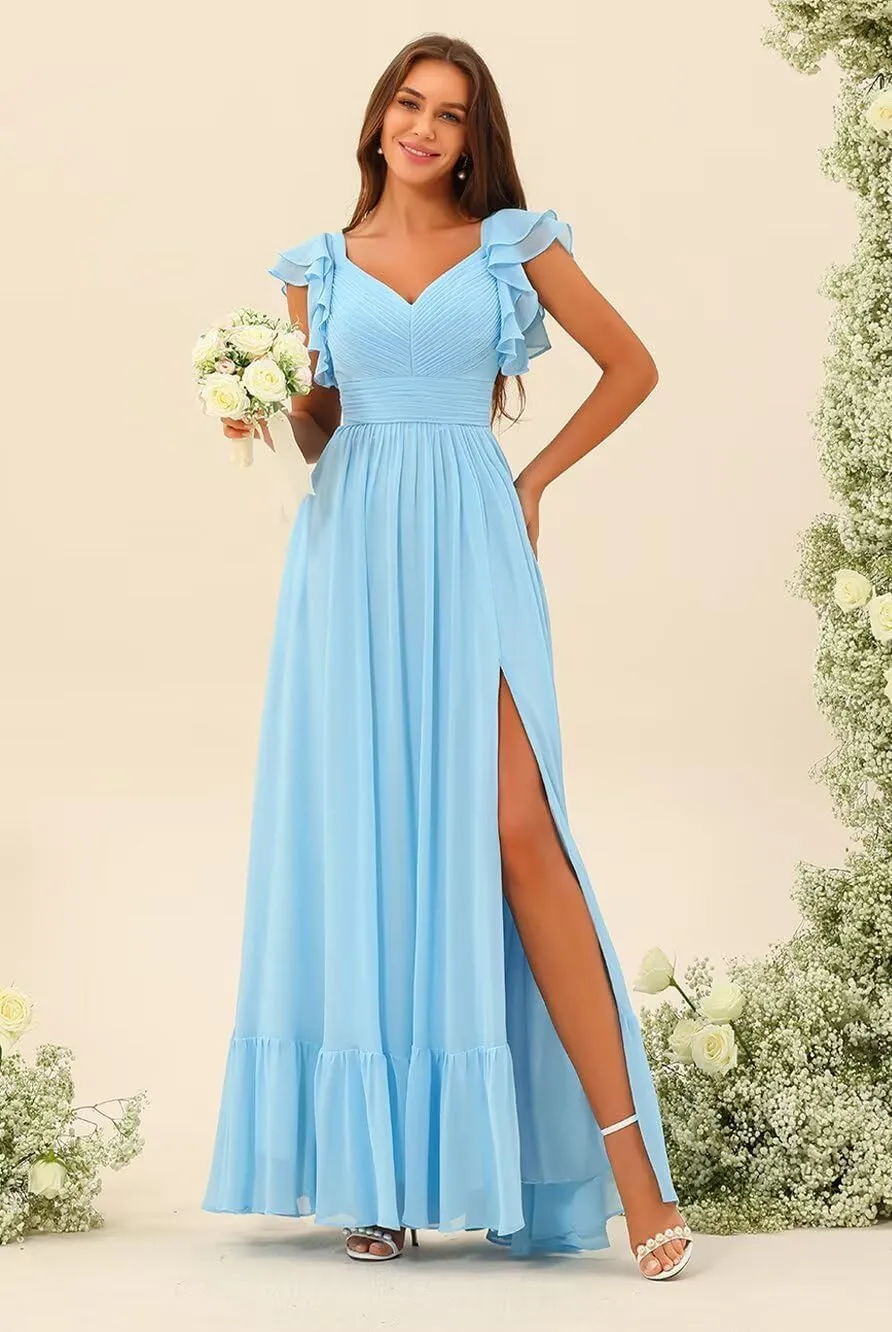 Clothfun Women's Ruffle Sleeves Bridesmaid Dresses Long A Line Chiffon Formal Party Dress with Pockets CY137