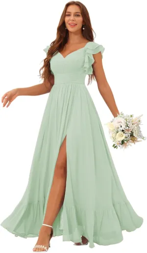 Clothfun Women's Ruffle Sleeves Bridesmaid Dresses Long A Line Chiffon Formal Party Dress with Pockets CY137
