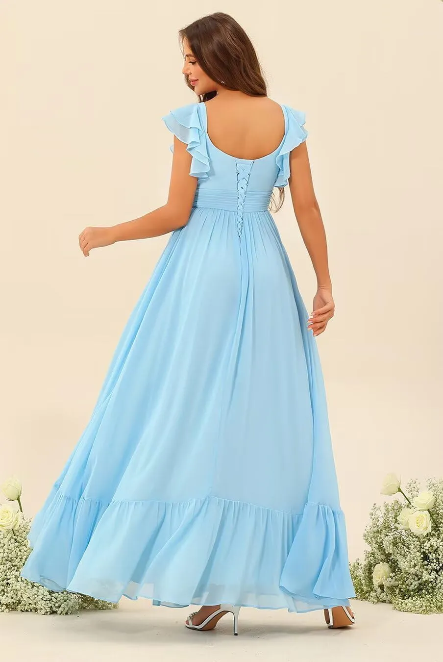 Clothfun Women's Ruffle Sleeves Bridesmaid Dresses Long A Line Chiffon Formal Party Dress with Pockets CY137