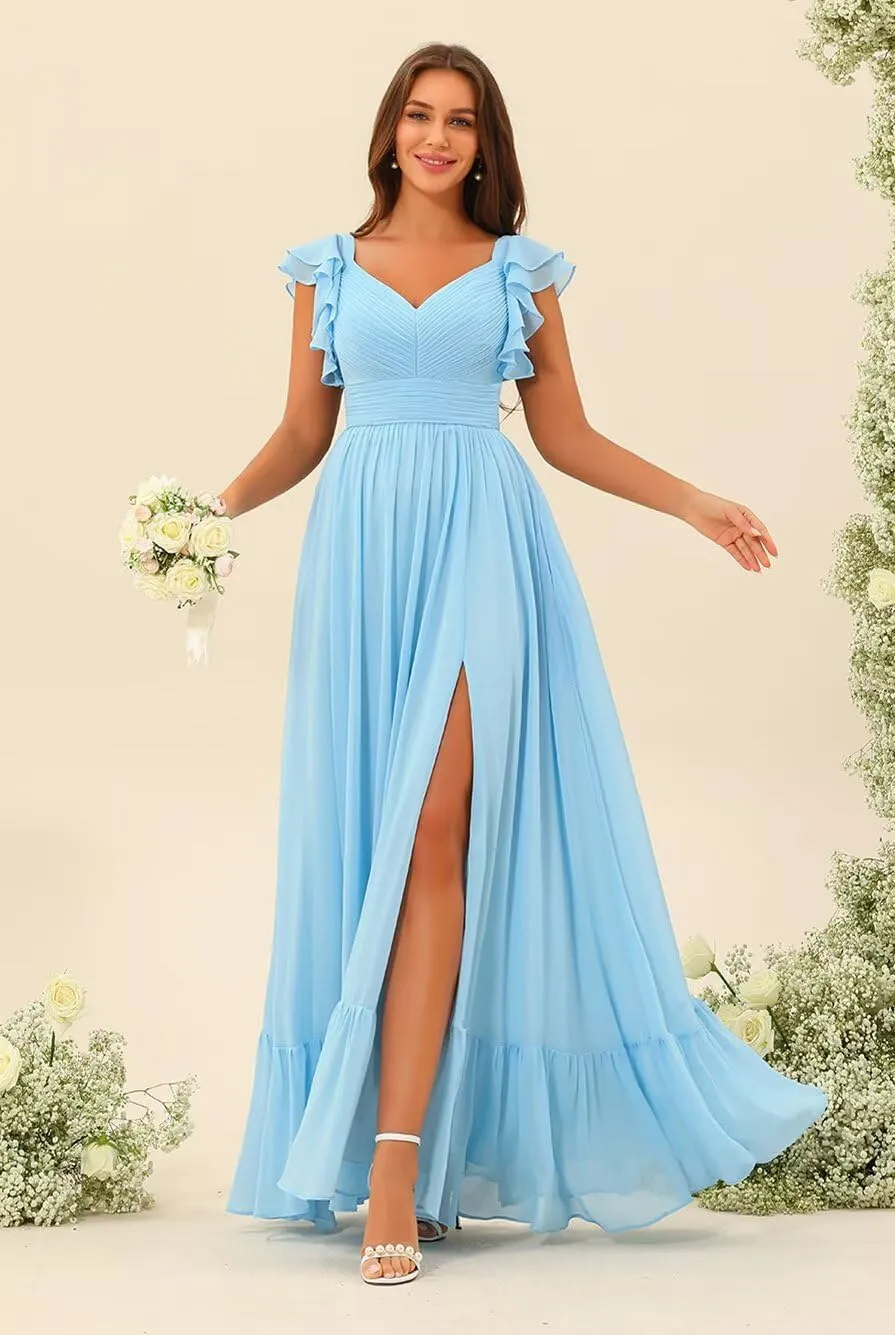 Clothfun Women's Ruffle Sleeves Bridesmaid Dresses Long A Line Chiffon Formal Party Dress with Pockets CY137