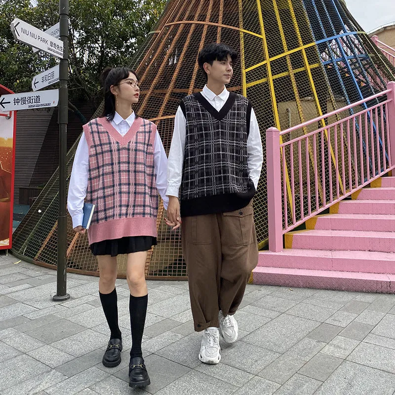 College style couple Acrylic yarn knitwear plaid vest loose fit oversize pullover Streetwear