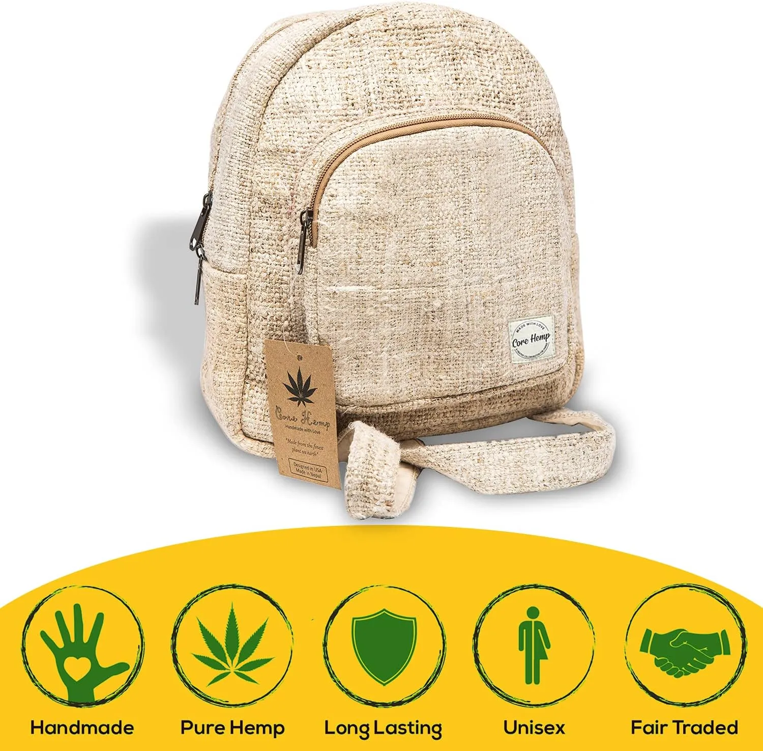 Core Hemp Mini Backpack - Handmade Backpack Purse Made From Organic Hemp - Colorful Hippy Bag With Two Compartments