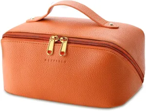 Cosmetic Bag for Women, Litchi PU Leather Makeup Pouch for Women, Large Capacity Cosmetic Travel Bag, Portable Makeup Kit Storage Bag with Handle and Divider, Orange, Travel Accessories