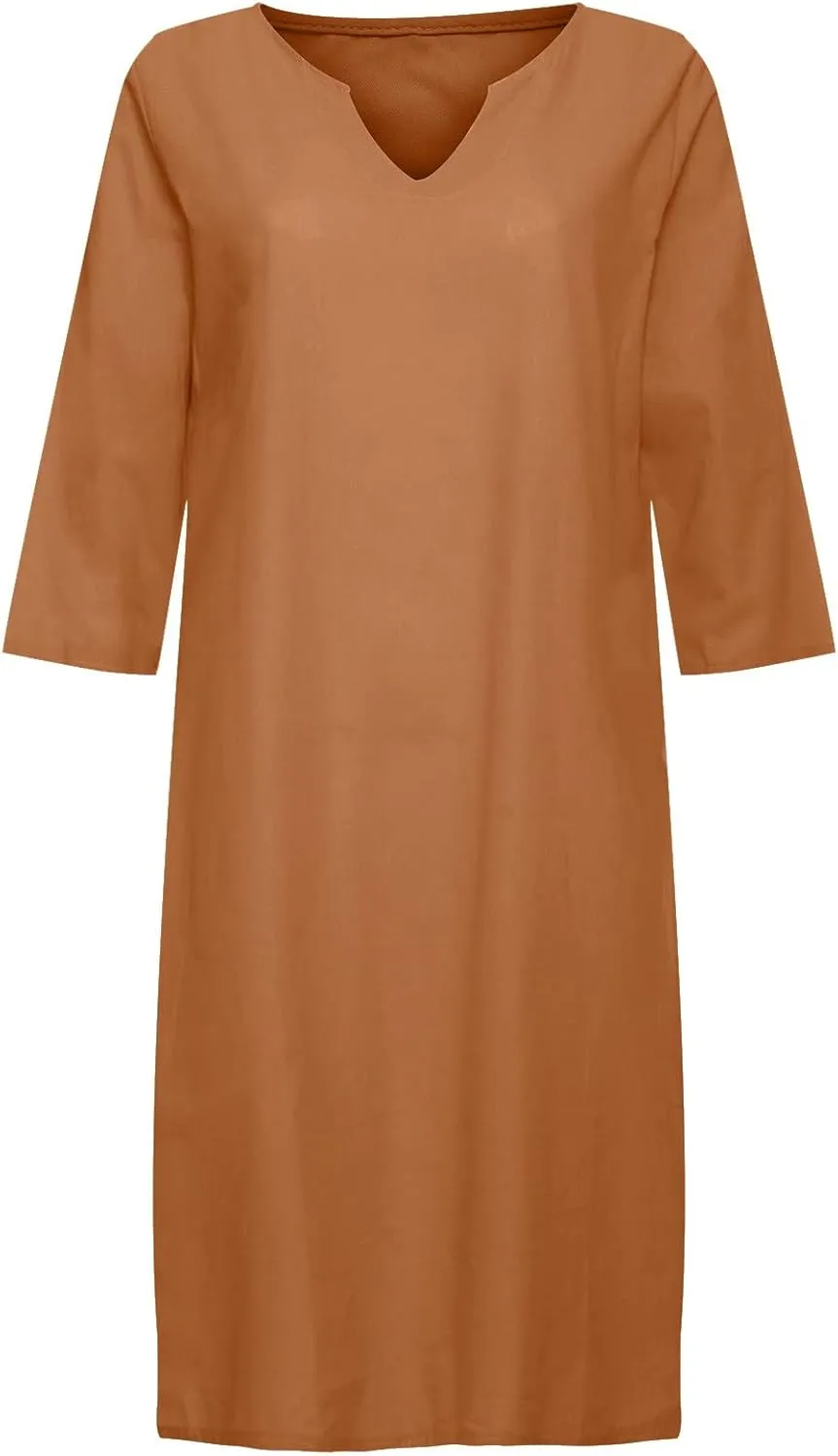 Cotton Linen Dresses for Women,2024 Summer Elegant Trendy V Neck 3/4 Sleeve Midi Dress,Casual Plain Beach Dress
