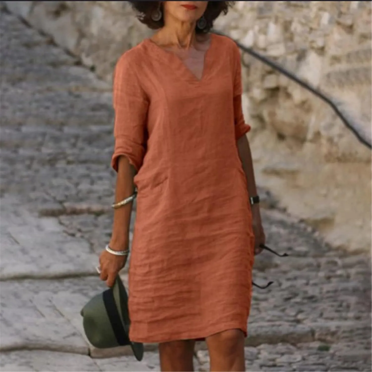 Cotton Linen Dresses for Women,2024 Summer Elegant Trendy V Neck 3/4 Sleeve Midi Dress,Casual Plain Beach Dress
