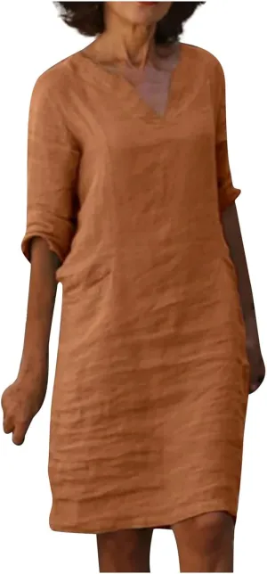 Cotton Linen Dresses for Women,2024 Summer Elegant Trendy V Neck 3/4 Sleeve Midi Dress,Casual Plain Beach Dress