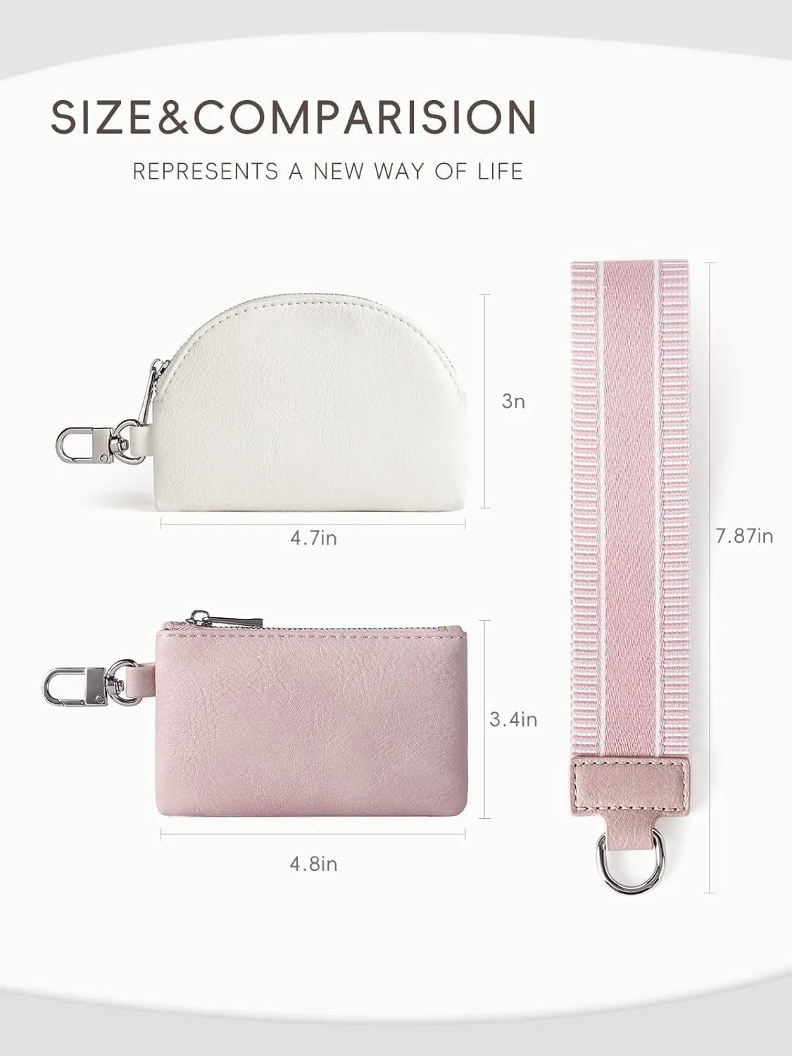 Detachable Genuine Leather Keychain Wallet for Women Dual Pouch Wristlet with Zipper Beige (Pink with White)