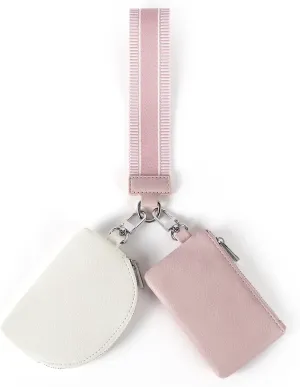 Detachable Genuine Leather Keychain Wallet for Women Dual Pouch Wristlet with Zipper Beige (Pink with White)