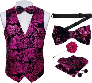 DiBanGu Mens Velvet Dress Waistcoat 6PCS Metallic Paisley Printed Suit Vest and Bowtie Set with Lapel Pin for Suit or Tuxedo