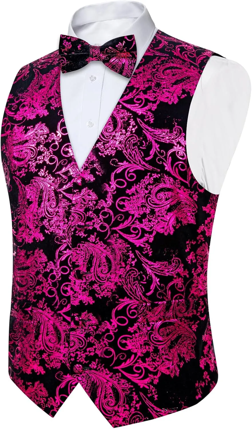 DiBanGu Mens Velvet Dress Waistcoat 6PCS Metallic Paisley Printed Suit Vest and Bowtie Set with Lapel Pin for Suit or Tuxedo