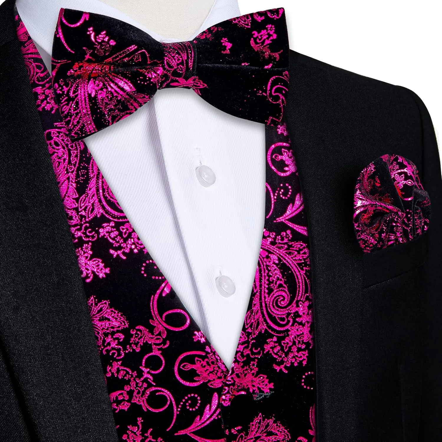 DiBanGu Mens Velvet Dress Waistcoat 6PCS Metallic Paisley Printed Suit Vest and Bowtie Set with Lapel Pin for Suit or Tuxedo