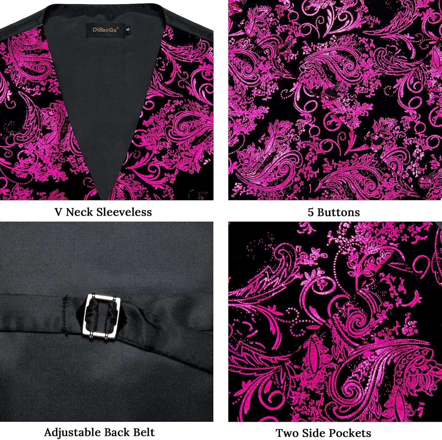 DiBanGu Mens Velvet Dress Waistcoat 6PCS Metallic Paisley Printed Suit Vest and Bowtie Set with Lapel Pin for Suit or Tuxedo