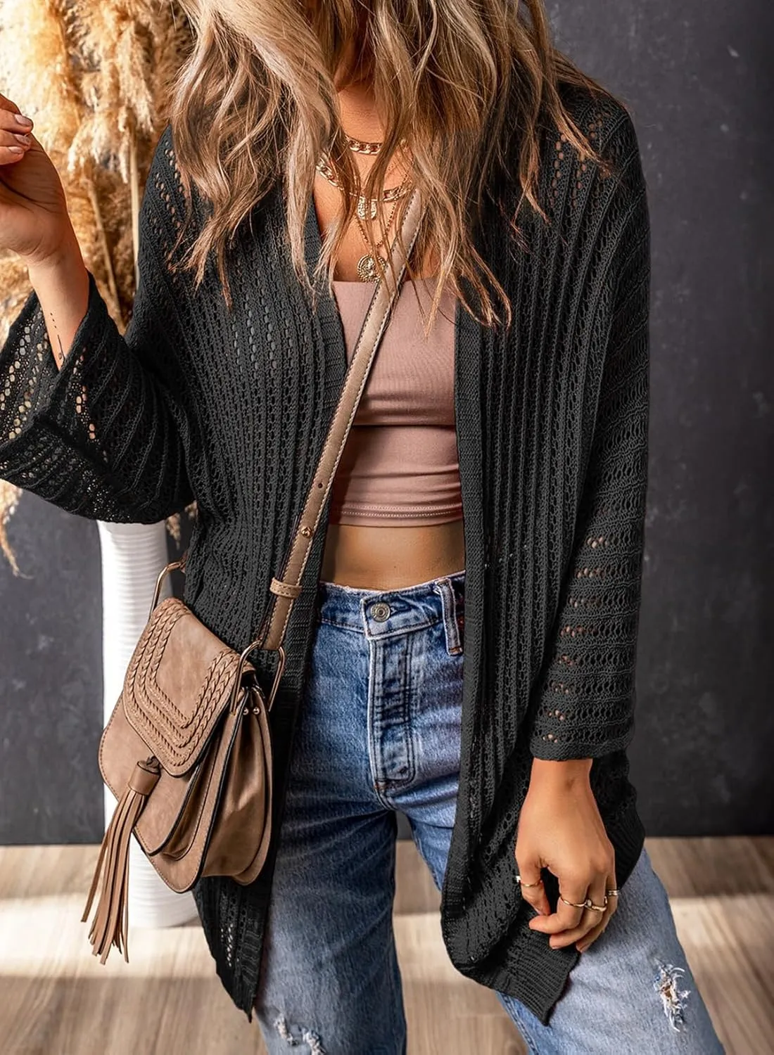 Dokotoo Summer Lightweight Cardigan 2024 Spring Fashion 3/4 Length Sleeve Hollow-Out Knit Beach Cover Ups Cardigans