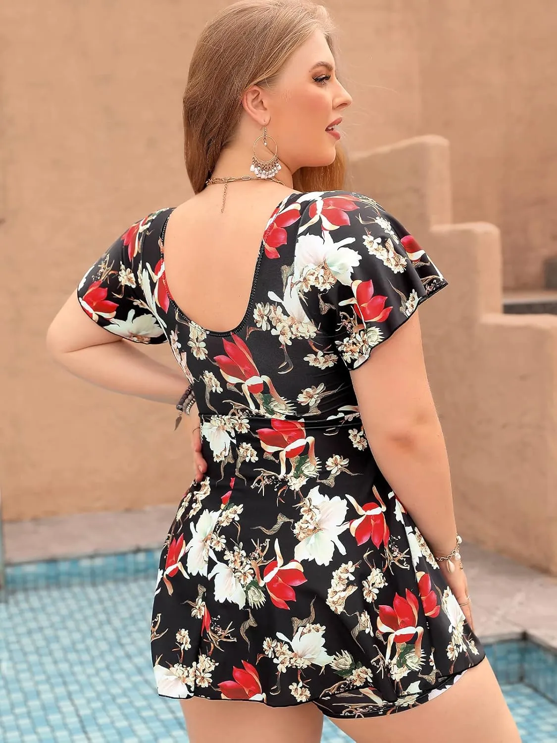 ECUPPER Womens One Piece Swimsuit with Sleeves Plus Size Swim Dress Modest Tummy Control Skirt Bathing Suit Built in Shorts