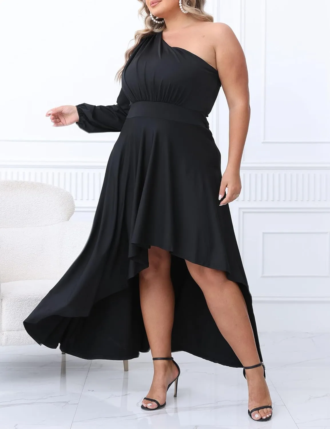 Ekaliy Women's Plus Size One Shoulder Maxi Dress Long Sleeve High Low Irregular Hem Flowy Long Party Cocktail Dress