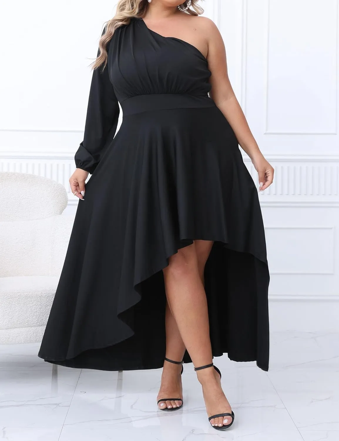 Ekaliy Women's Plus Size One Shoulder Maxi Dress Long Sleeve High Low Irregular Hem Flowy Long Party Cocktail Dress