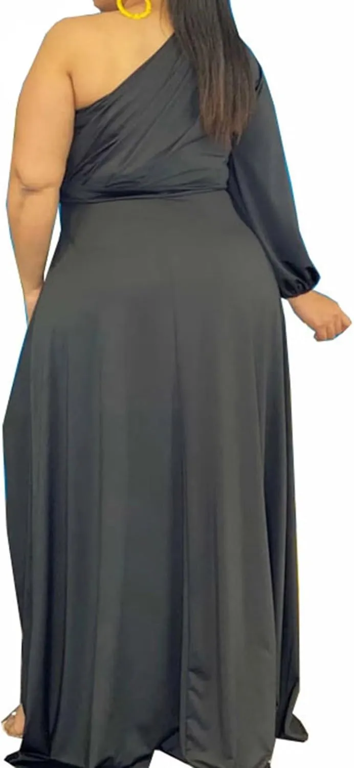 Ekaliy Women's Plus Size One Shoulder Maxi Dress Long Sleeve High Low Irregular Hem Flowy Long Party Cocktail Dress