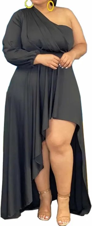 Ekaliy Women's Plus Size One Shoulder Maxi Dress Long Sleeve High Low Irregular Hem Flowy Long Party Cocktail Dress