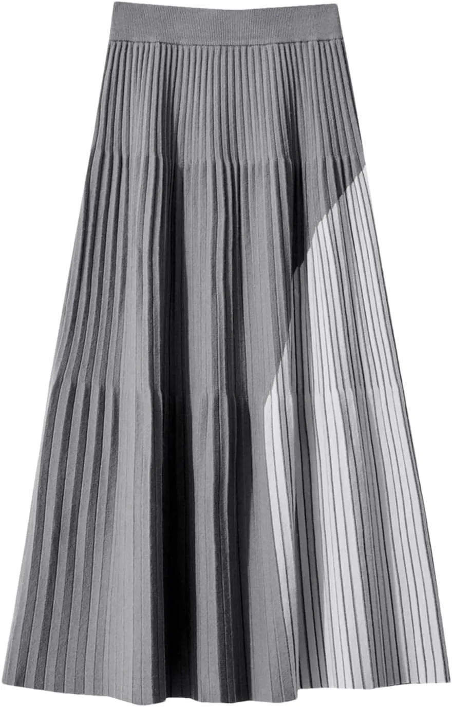 ERFMFKL Patchwork Knitted Skirts for Women Winter Pleated Elastic Waist Office Loose Fit Midi Skirt
