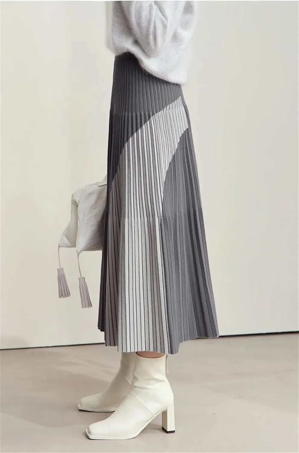 ERFMFKL Patchwork Knitted Skirts for Women Winter Pleated Elastic Waist Office Loose Fit Midi Skirt