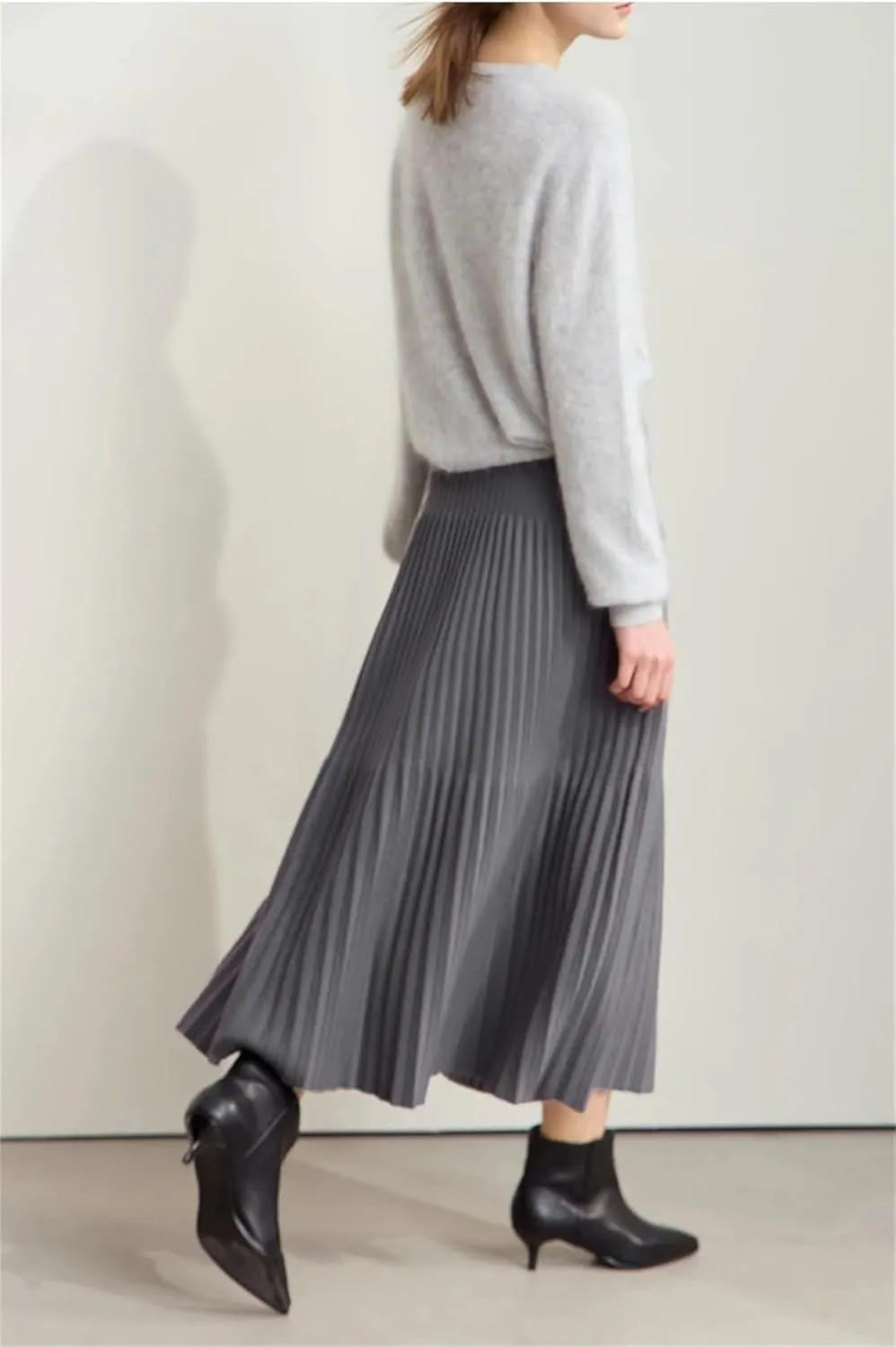 ERFMFKL Patchwork Knitted Skirts for Women Winter Pleated Elastic Waist Office Loose Fit Midi Skirt