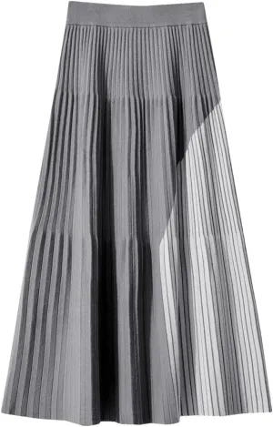 ERFMFKL Patchwork Knitted Skirts for Women Winter Pleated Elastic Waist Office Loose Fit Midi Skirt