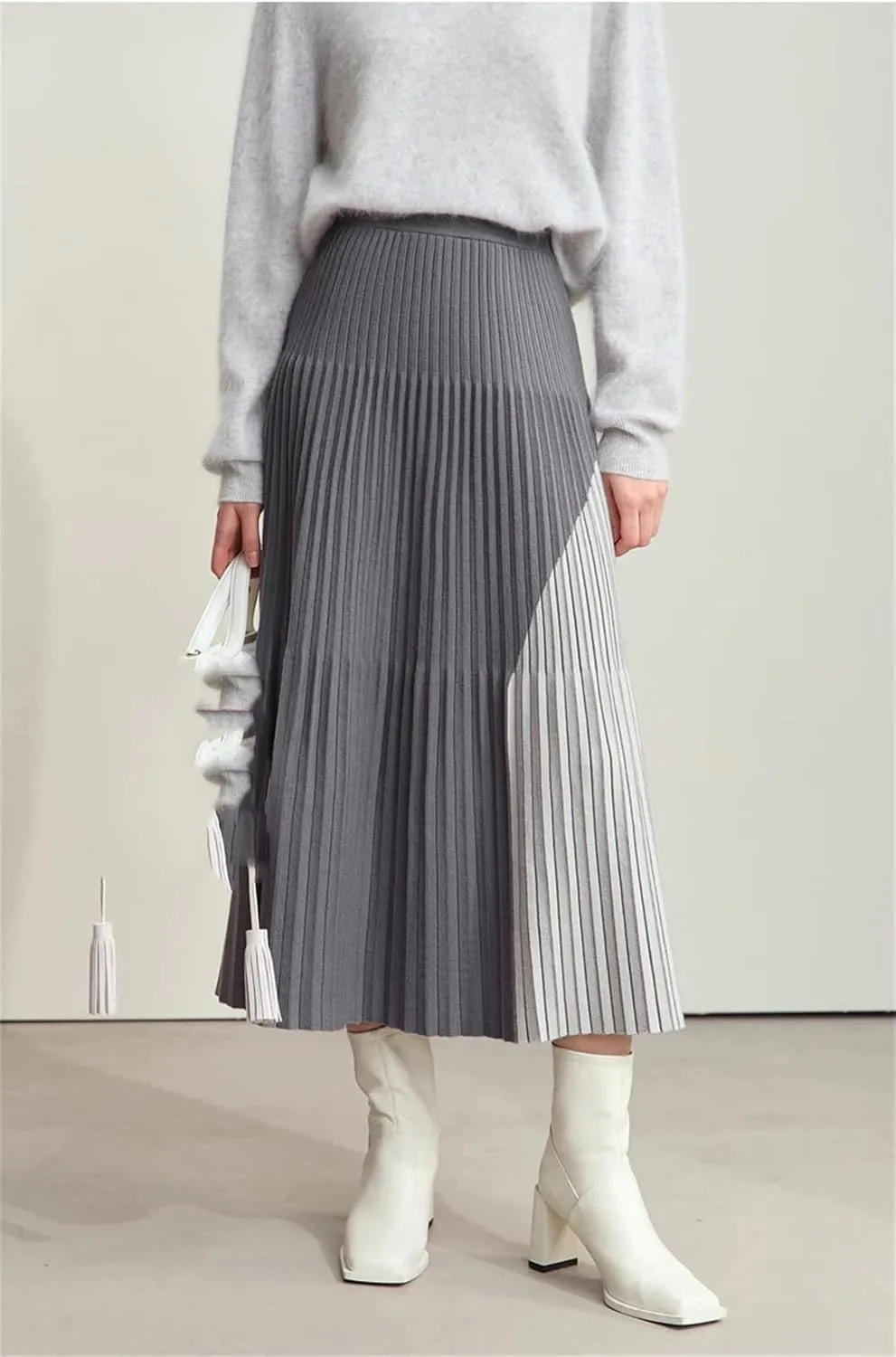 ERFMFKL Patchwork Knitted Skirts for Women Winter Pleated Elastic Waist Office Loose Fit Midi Skirt