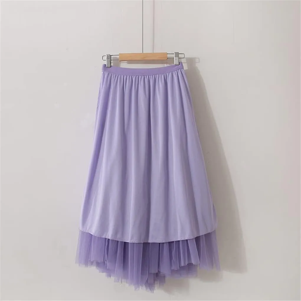 Female Long Mesh Pleated Skirt Women Spring Autumn Ladies High Waist A Line Skirt