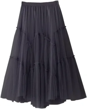 Female Long Mesh Pleated Skirt Women Spring Autumn Ladies High Waist A Line Skirt