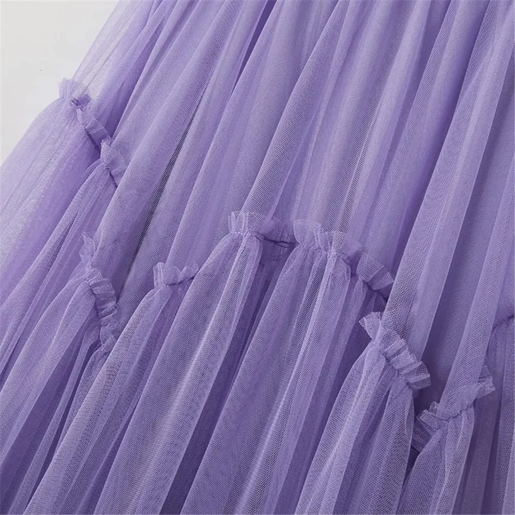 Female Long Mesh Pleated Skirt Women Spring Autumn Ladies High Waist A Line Skirt