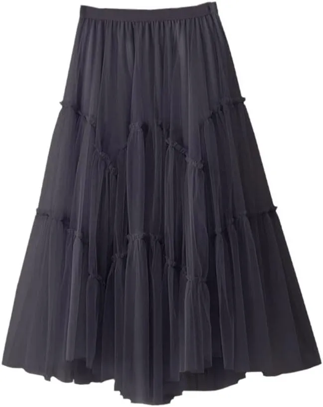 Female Long Mesh Pleated Skirt Women Spring Autumn Ladies High Waist A Line Skirt
