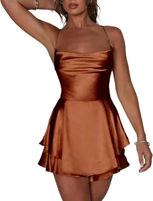 FEORJGP Womens Summer Spaghetti Strap Mini Dress Boho Low Cut Dress Backless Ruffle Short Dress Bohemian Mini Dress Beachwear