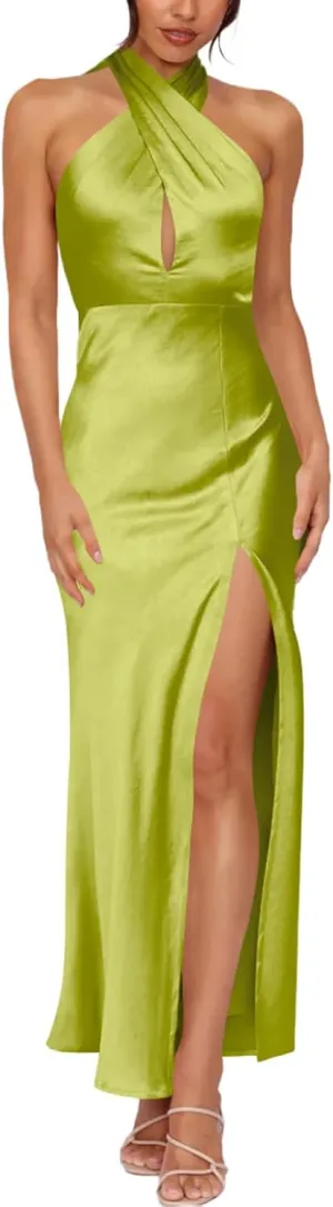 firfig Women's Halter Satin Dress Crisscross Sleeveless Midi Cocktail Party Dress Backless Split Formal Evening Dresses