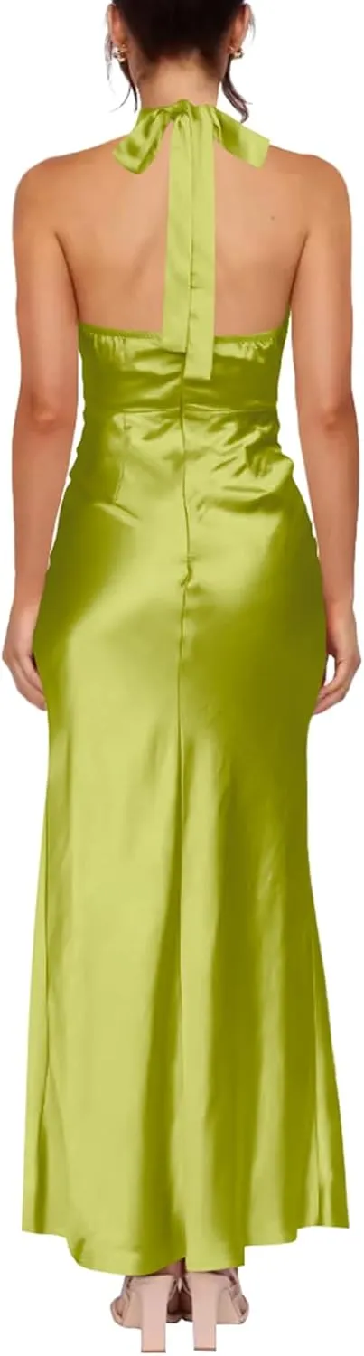 firfig Women's Halter Satin Dress Crisscross Sleeveless Midi Cocktail Party Dress Backless Split Formal Evening Dresses