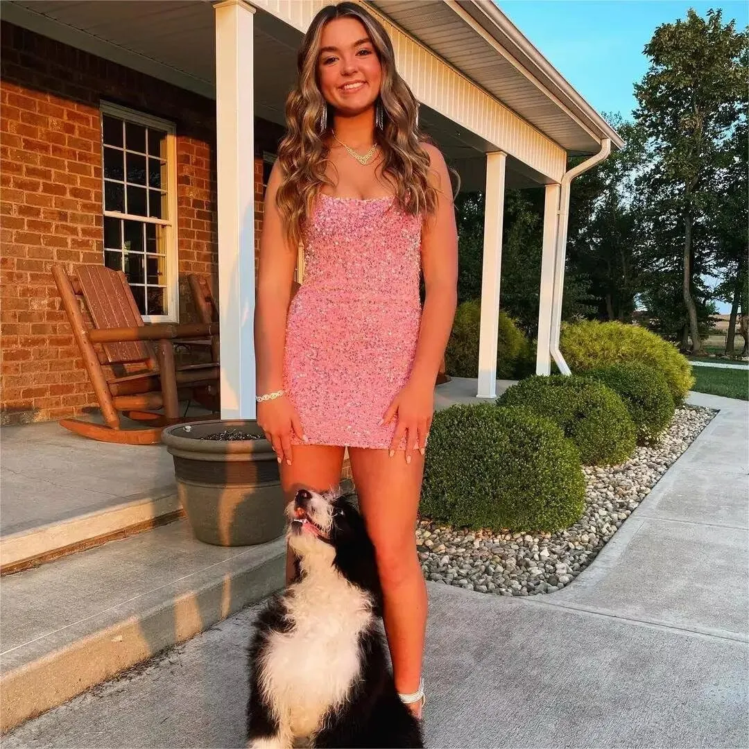 Fivsole Sparkly Short Sequin Homecoming Dress for Teens 2025 HOCO Cocktail Party Mini Dresses