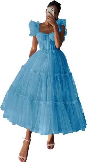 Fivsole Women's Ruffle Sleeve Prom Dress Tulle Long Tea-Length Formal Party Evening Gowns