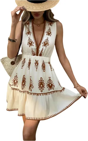 Floerns Women's Summer Mini Dress Tribal Deep V Neck Sleeveless Beach A Line Dresses