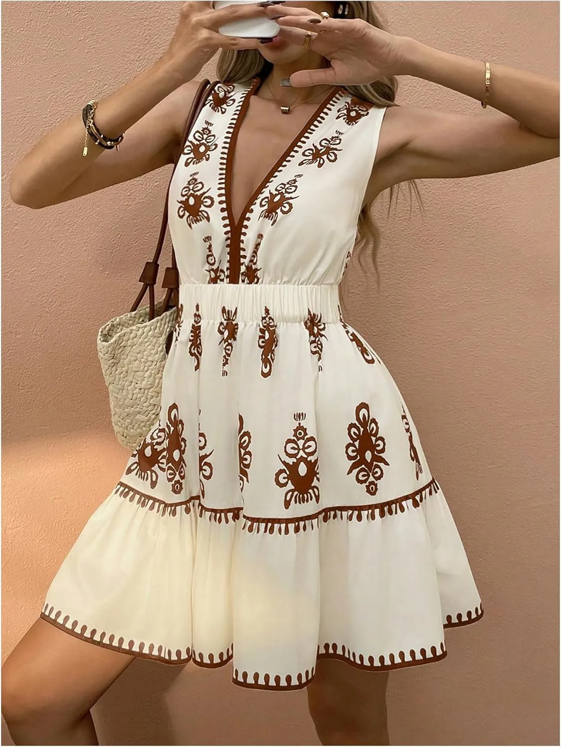 Floerns Women's Summer Mini Dress Tribal Deep V Neck Sleeveless Beach A Line Dresses