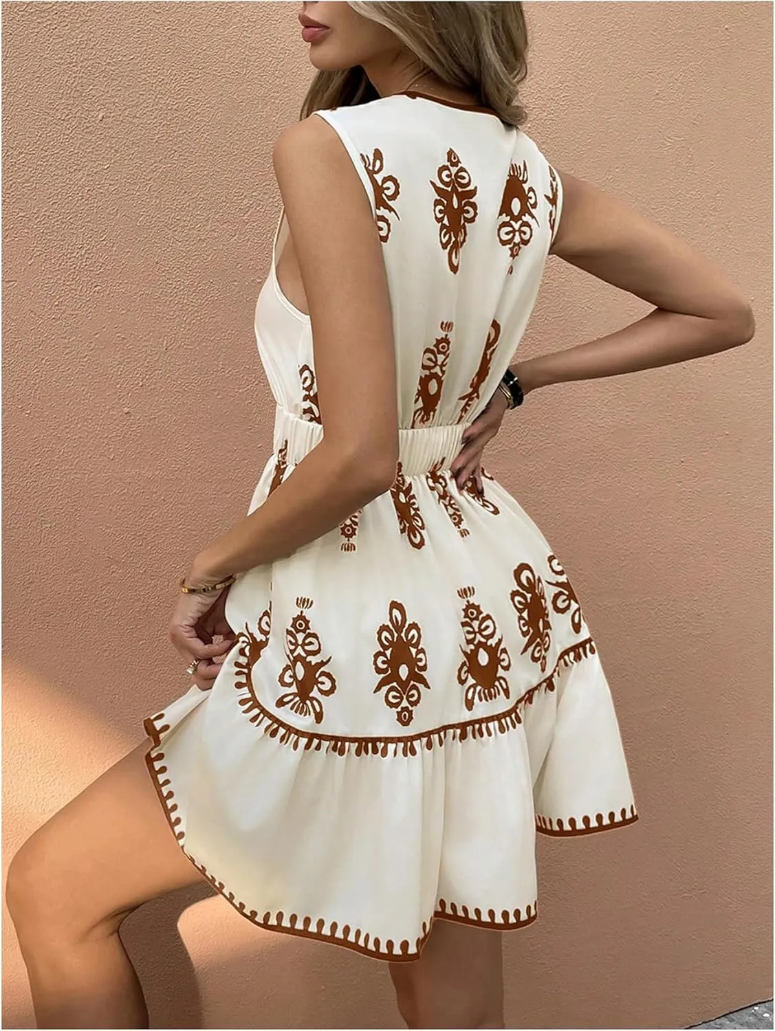 Floerns Women's Summer Mini Dress Tribal Deep V Neck Sleeveless Beach A Line Dresses