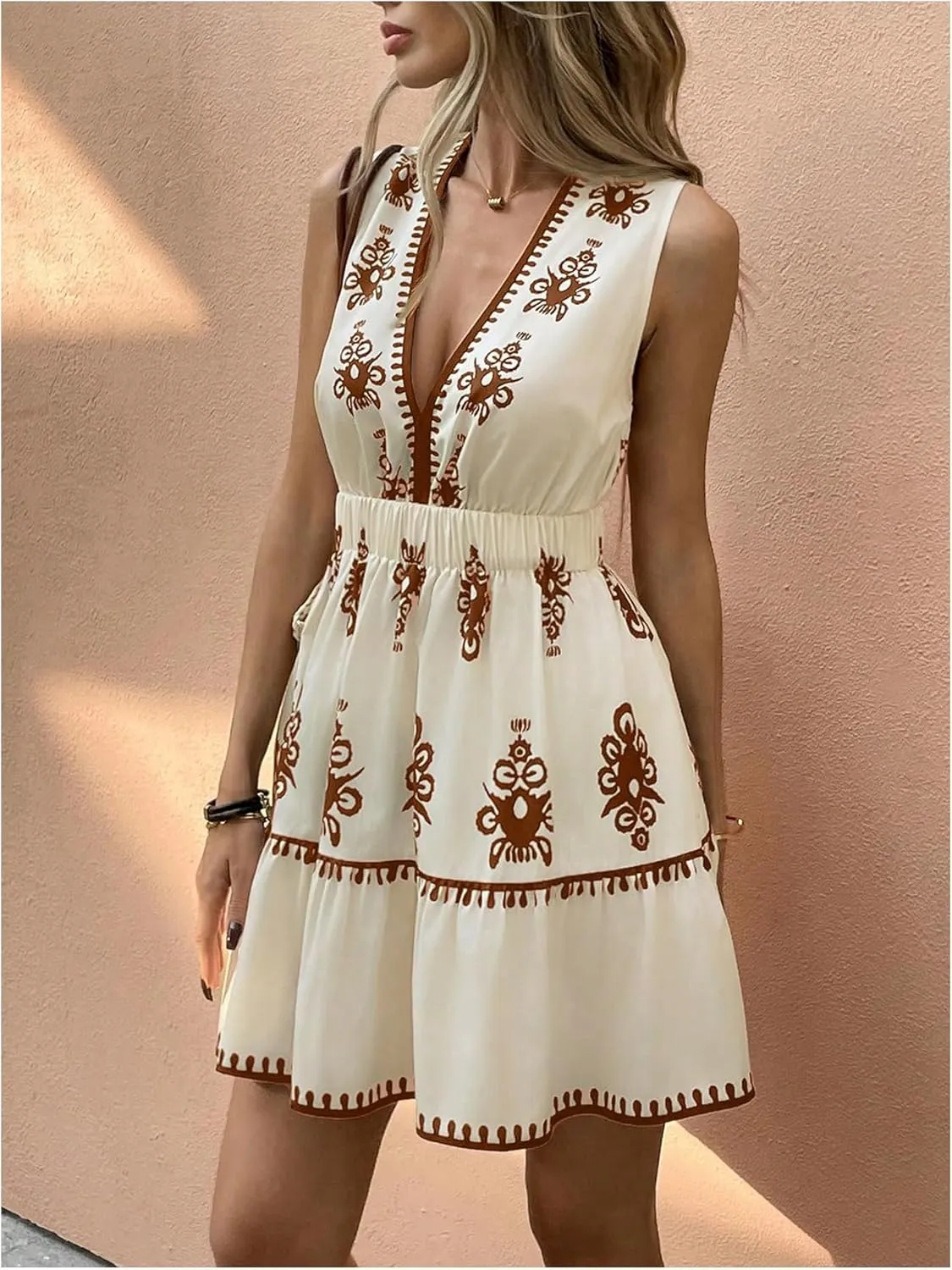 Floerns Women's Summer Mini Dress Tribal Deep V Neck Sleeveless Beach A Line Dresses