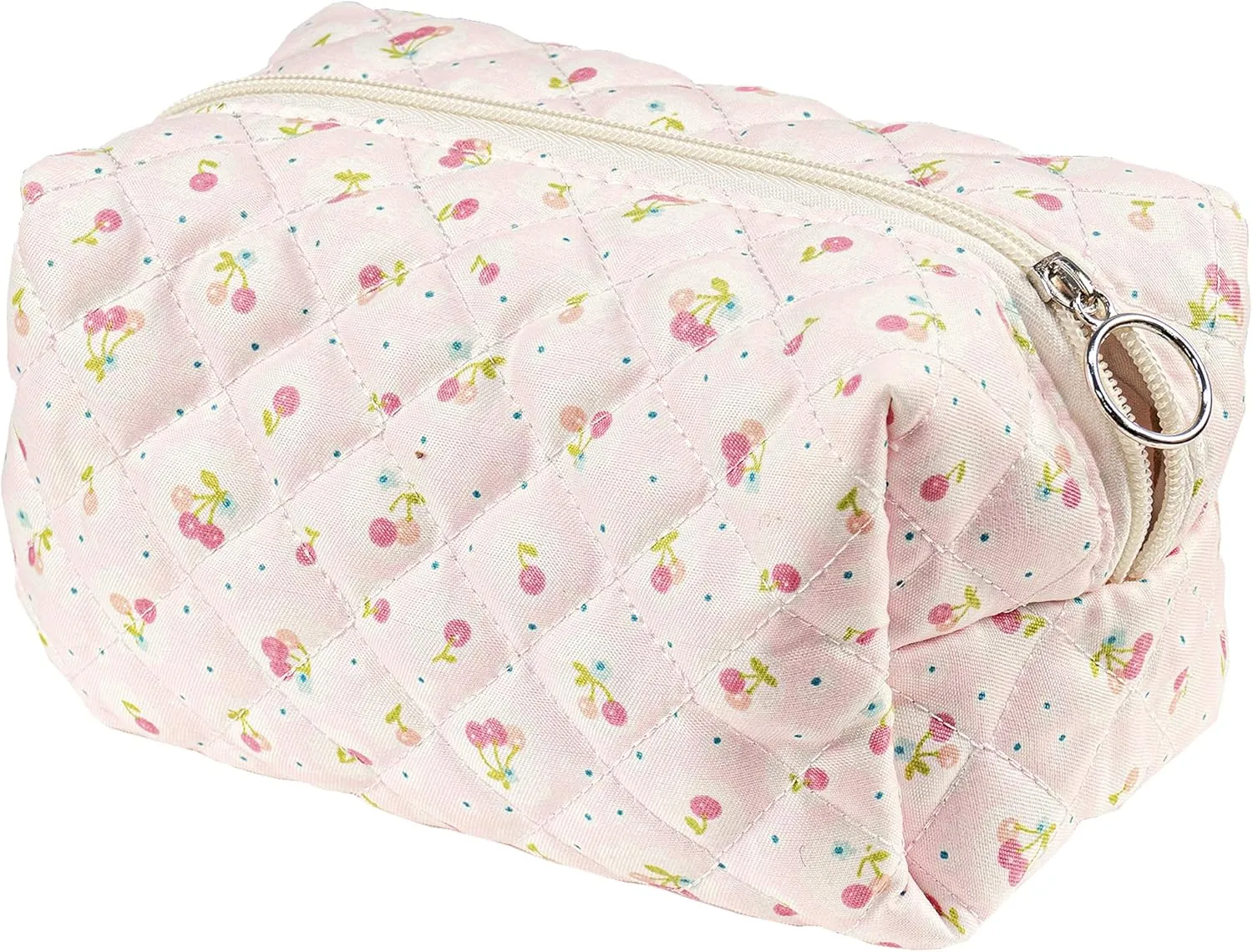 Floral Quilted Makeup Bag, Cute Cherry Cosmetic Bag for Women, Pink Flower Travel Toiletry Bag, Cotton Make up Bag Pouch