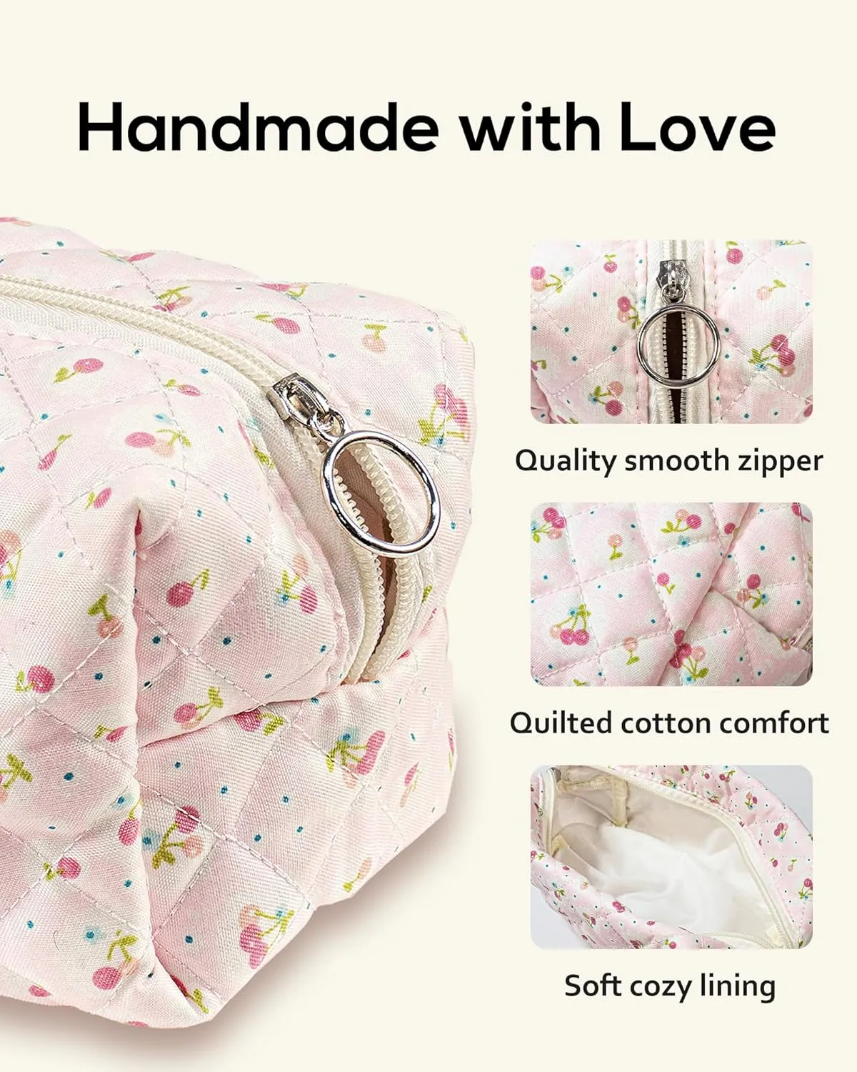 Floral Quilted Makeup Bag, Cute Cherry Cosmetic Bag for Women, Pink Flower Travel Toiletry Bag, Cotton Make up Bag Pouch