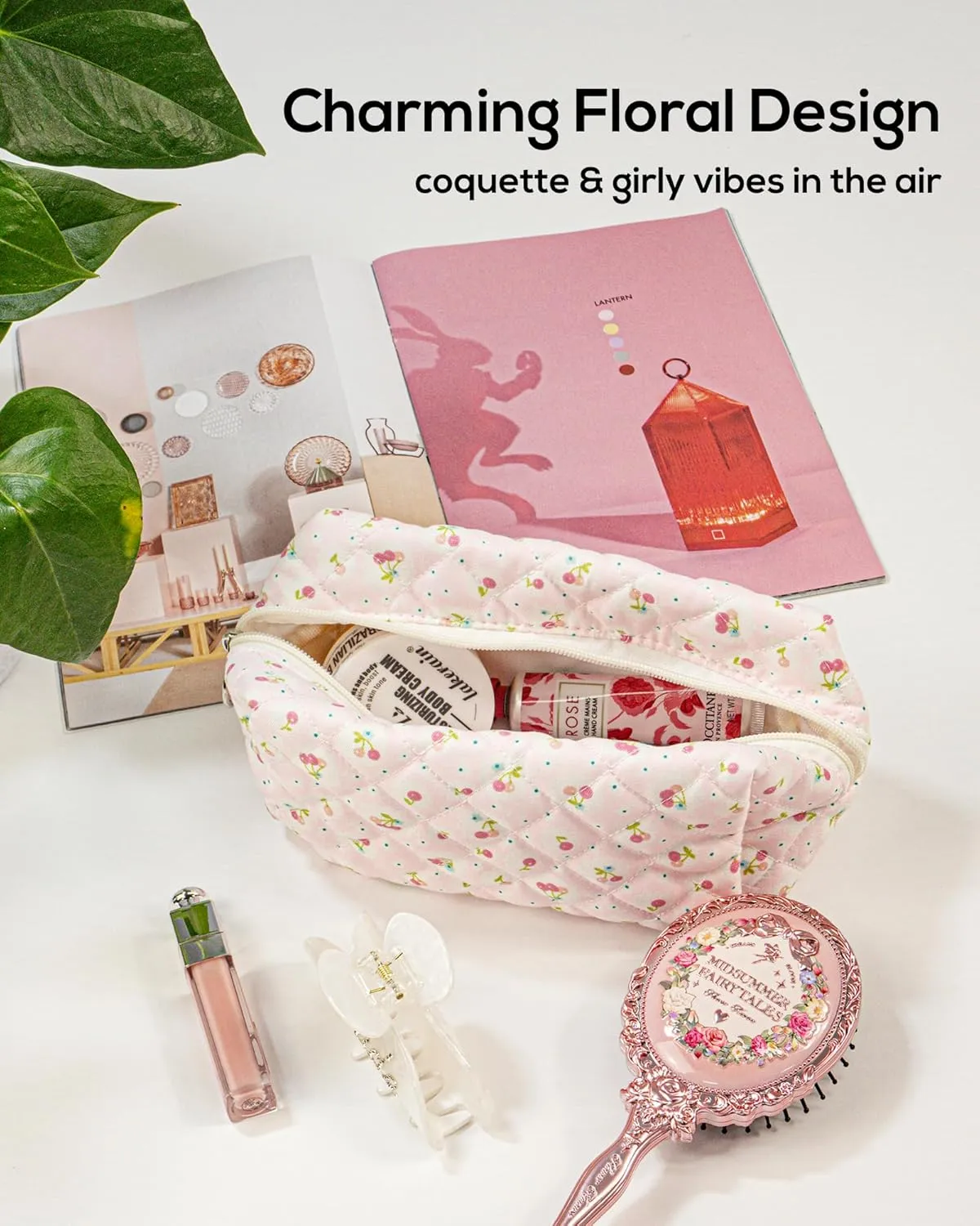 Floral Quilted Makeup Bag, Cute Cherry Cosmetic Bag for Women, Pink Flower Travel Toiletry Bag, Cotton Make up Bag Pouch