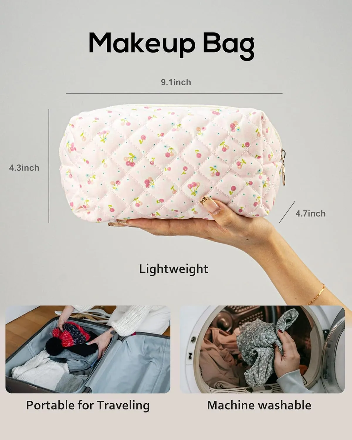Floral Quilted Makeup Bag, Cute Cherry Cosmetic Bag for Women, Pink Flower Travel Toiletry Bag, Cotton Make up Bag Pouch