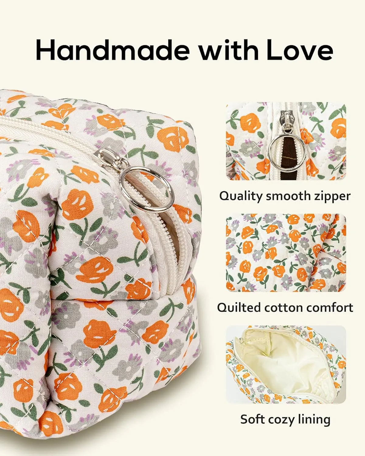 Floral Quilted Makeup Bag, Cute Rose Cosmetic Bag for Women, Flower Travel Toiletry Bag, Cotton Make up Bag Pouch