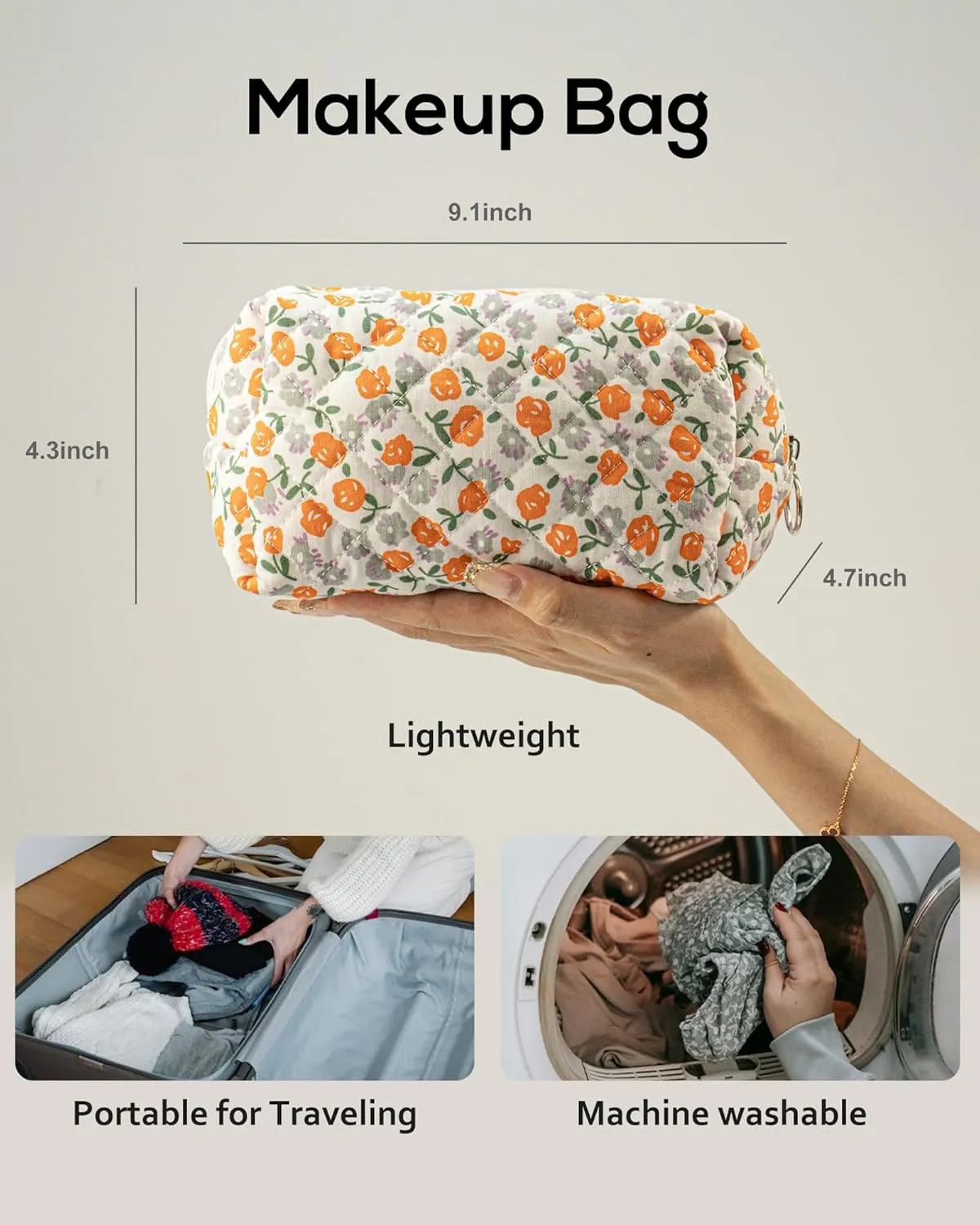 Floral Quilted Makeup Bag, Cute Rose Cosmetic Bag for Women, Flower Travel Toiletry Bag, Cotton Make up Bag Pouch