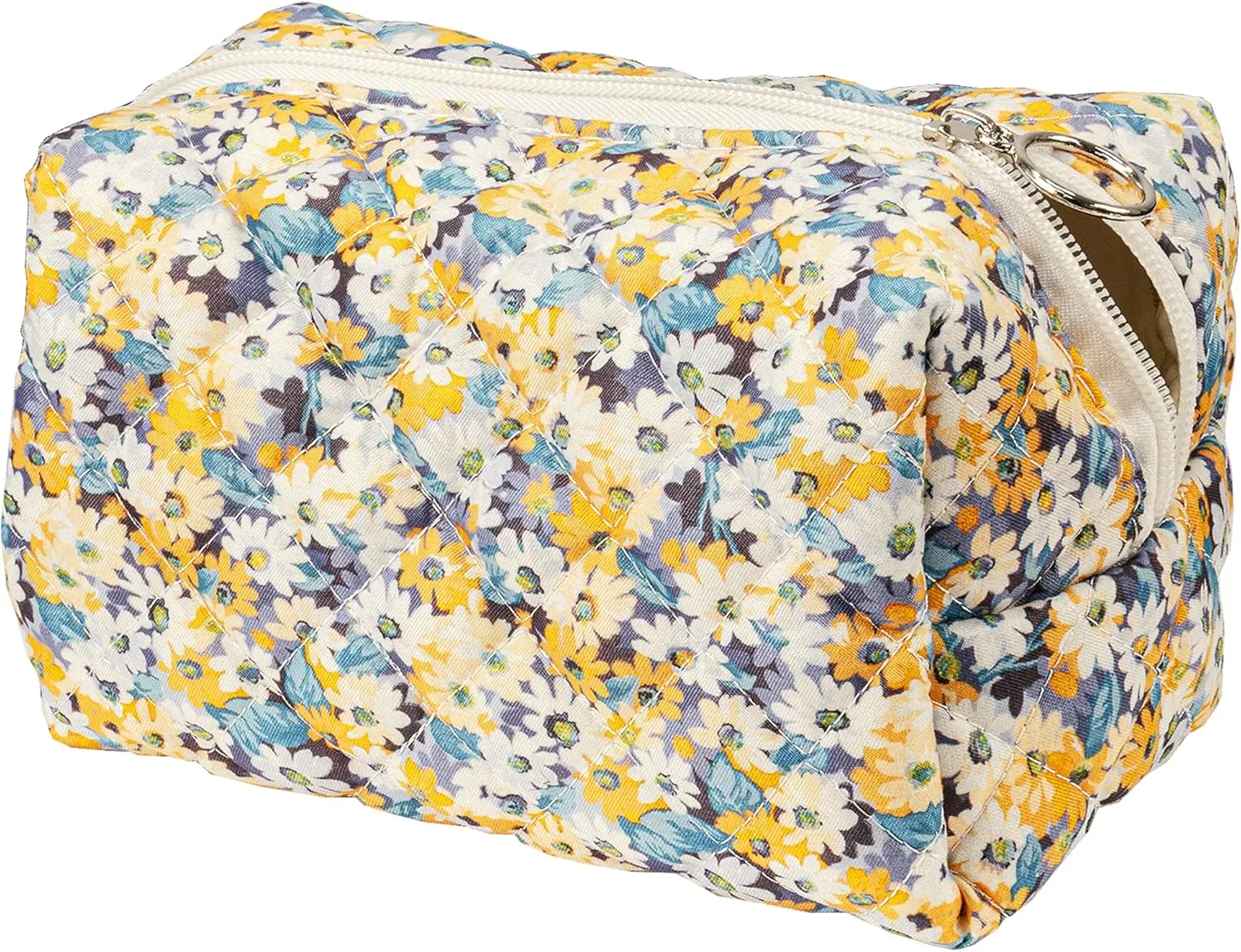 Floral Quilted Makeup Bag, Cute Sunflower Cosmetic Bag for Women, Flower Travel Toiletry Bag, Cotton Make up Bag Pouch