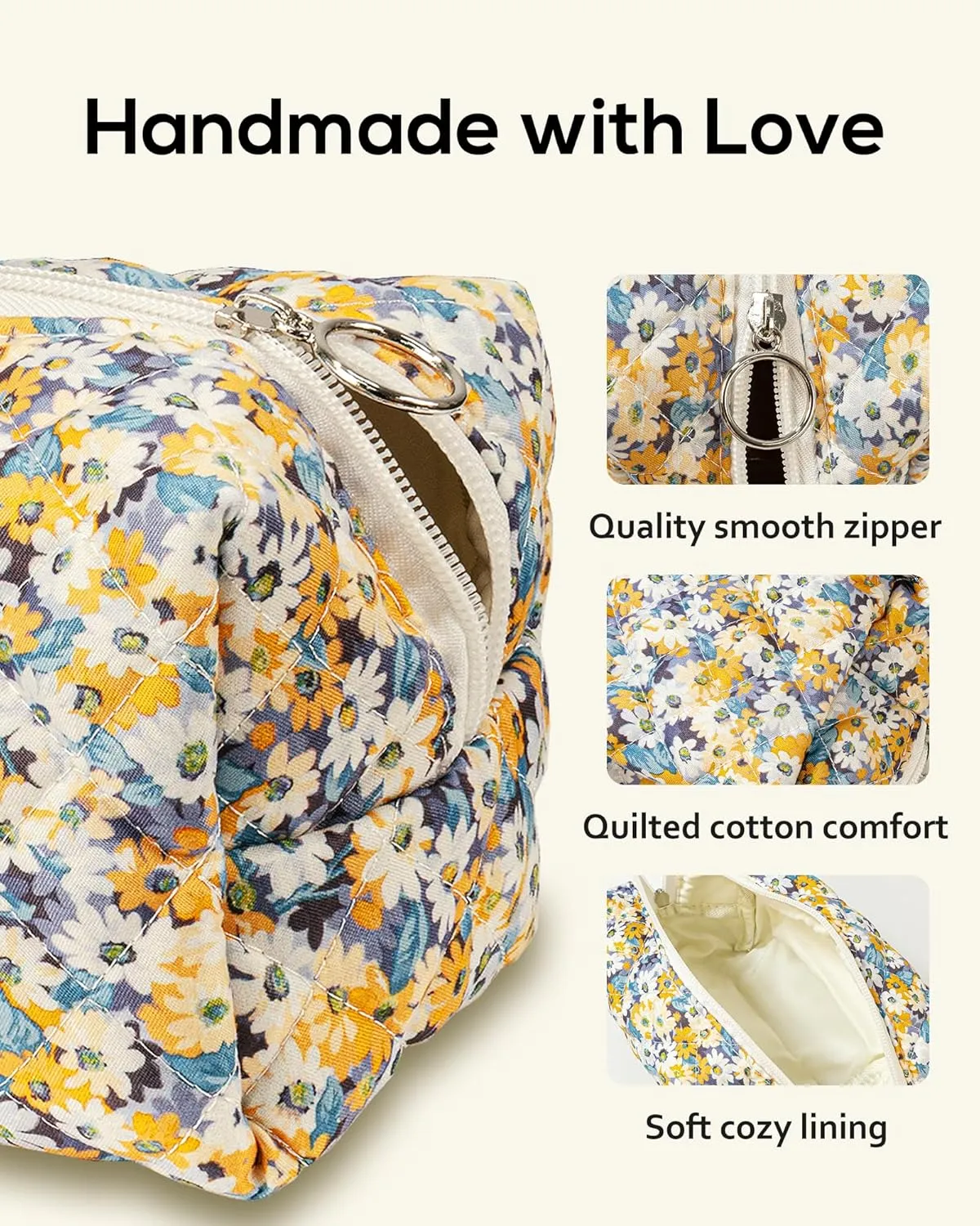 Floral Quilted Makeup Bag, Cute Sunflower Cosmetic Bag for Women, Flower Travel Toiletry Bag, Cotton Make up Bag Pouch